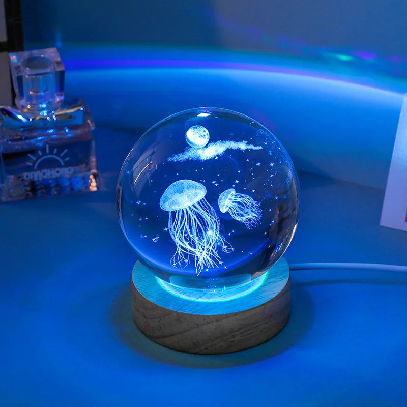 3D Jellyfish Laser engraved crystal ball LED night light,
