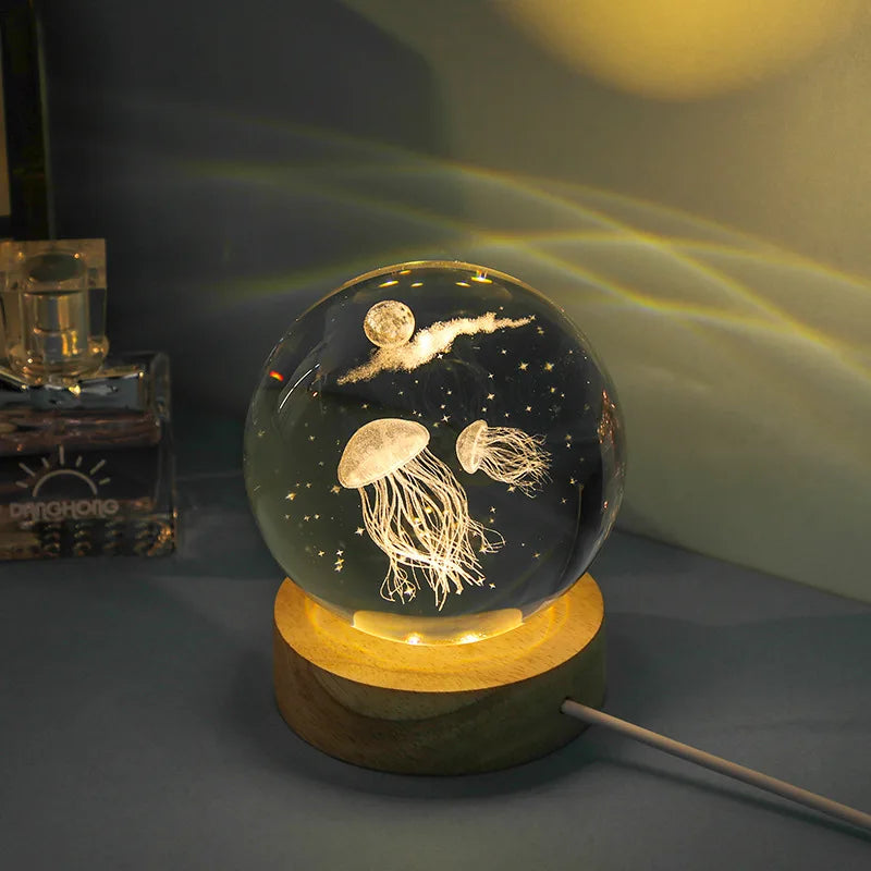 3D Jellyfish Laser engraved crystal ball LED night light,