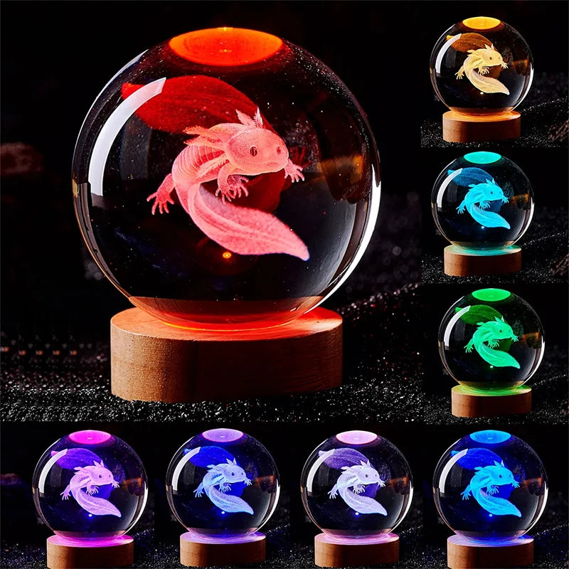 3D Axolotl laser engraved Crystal Ball coloured night light,
