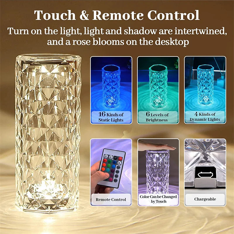 LED Crystal Table Lamp 3/16 Colors Touch Night Light